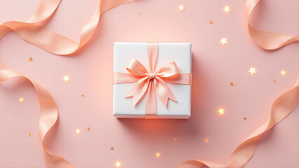 Beautifully Wrapped Gift Box with Pink Ribbon and Sparkles on a Soft Pink Background