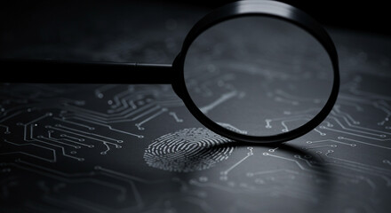 A magnifying glass over a fingerprint on a circuit board with a dark and mysterious atmosphere around it
