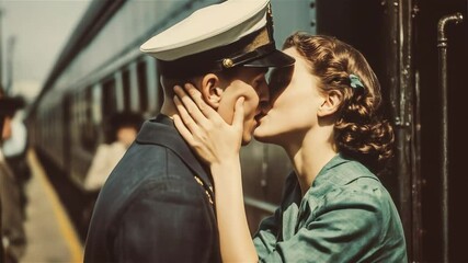 Passionate farewell at the train station as soldiers leave for duty in a nostalgic throwback to the past