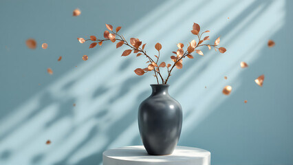 Elegant Black Vase with Falling Copper Leaves and Gentle Sunlight Shadows
