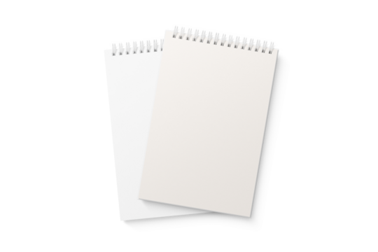 Spiral bound notebook mockup template with white paper cover isolated on a transparent background, PNG. High resolution.