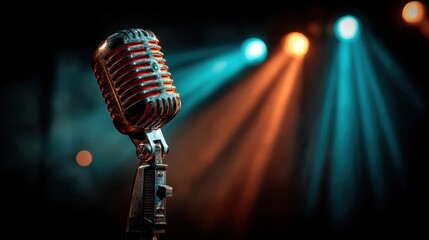 Vintage microphone illuminated by a spotlight on a dark stage, evoking the classic era of live performance and music