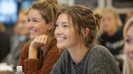 Group of people attending a conference session at a convention center; one woman raising her hand to ask a question