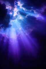 Heavenly purple and blue light rays break through dramatic clouds – symbol of divine power and spiritual rebirth