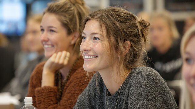 Group of people attending a conference session at a convention center; one woman raising her hand to ask a question - Powered by Adobe