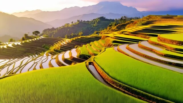 Scenic landscape showcasing hillside terraced rice paddies filled with water at sunset