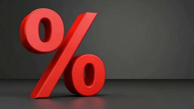Illustration of bright red percentage sign with 3D rendering on a gray background to symbolize retail sales and price reduction