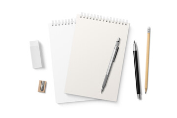 Spiral bound notebook mockup template with white paper cover isolated on a transparent background, PNG. High resolution.