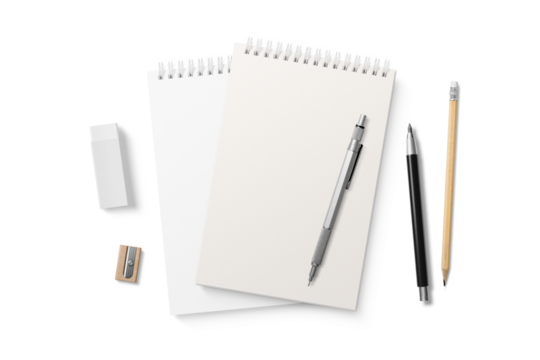 Spiral bound notebook mockup template with white paper cover isolated on a transparent background, PNG. High resolution.