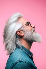 A peaceful and elegant male enjoying his moment. Elegant men's disconnected undercut haircut - midlife arabian man with long hair. Pink solid background. Concept of style for aging men.