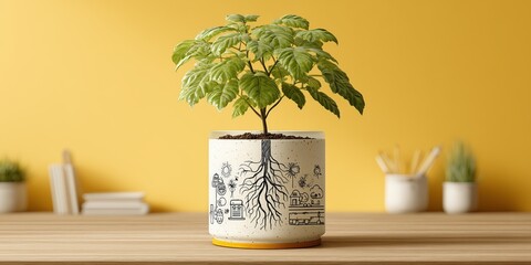 Potted plant with roots and eco doodles on desk against yellow wall for education marketing.
