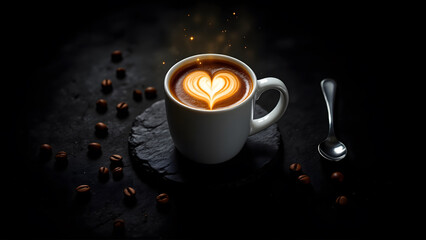 Enjoying a Perfectly Crafted Heart Latte Art Coffee on a Dark Background