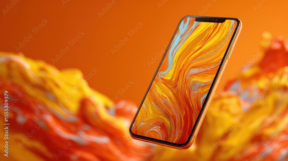Poster orange mobile phone floating with yellow and orange abstract background displaying colorful screen s