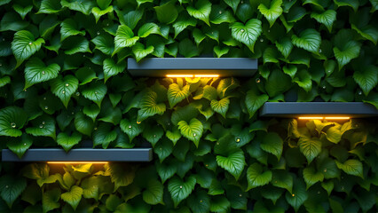 Lush Green Wall with Modern Floating Shelves and Warm LED Lighting