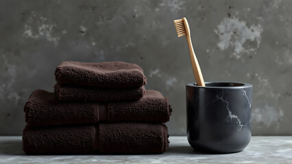 Luxurious Soft Brown Bath Towels with Bamboo Toothbrush Holder Bathroom Set