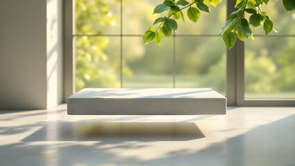 Floating Pedestal Showcase bathed in Natural Sunlight near a Large Window