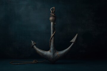 upright marine anchor with coiled rope on deep teal textured background