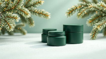 Festive Green Jars Surrounded by Glittering Christmas Tree Branches