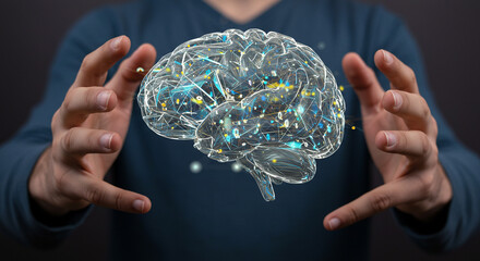A person holding a transparent brain model with glowing connections in their hands against a dark background