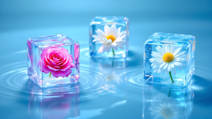 Beautiful Flowers Frozen in Ice Cubes Delicate Blooms Preserved in Crystal Cold