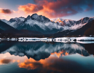 A breathtaking sunset scene featuring snow-capped mountains in the background.