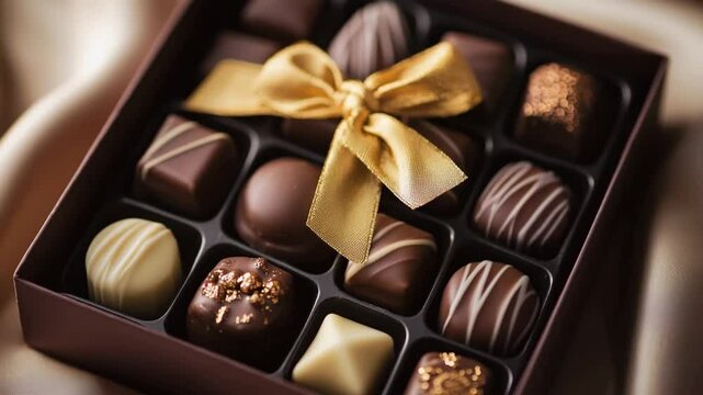 A box of assorted chocolates with a golden ribbon. The chocolates vary in shape and design, showcasing dark, milk, and white chocolate varieties.