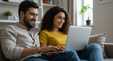 A smiling couple using a laptop together while sitting on a couch in a bright and modern living room