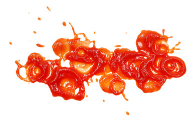 Red ketchup splashes flying isolated on white background, tomato pure texture