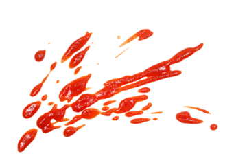 Red ketchup splashes flying isolated on white background, tomato pure texture