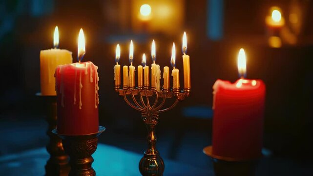 A traditional Jewish Shabbat dinner with lit candles, kosher food, and prayer.