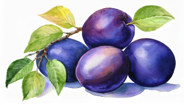 plums with leaves watercolour illustration of ripe mirabelle or damson plum isolated on white