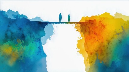 Two figures on a bridge connecting vibrant colored landscapes.