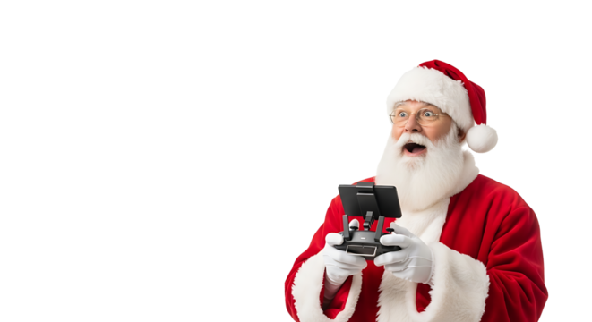 Santa claus in a red suit and white gloves holding a drone controller with an astonished expression on his face - Powered by Adobe