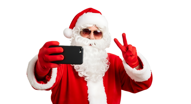 Santa claus in costume taking a selfie with a smartphone and making a peace sign on a black background