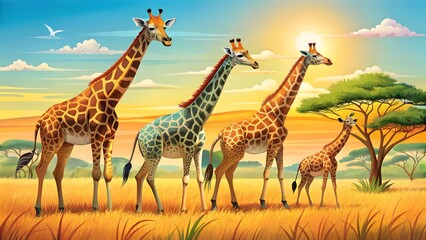 Obraz premium Colorful Giraffe Family in Sunny Field
