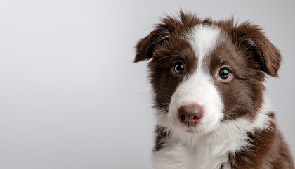 cool looking border collie puppy isolated on light background copy space for text on the side