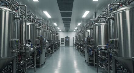 A long corridor filled with stainless steel tanks and pipes in a manufacturing or industrial facility