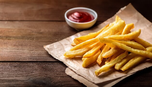 french fries on a paper and a wooden table with ketchup rustic gourmet banner with space for text