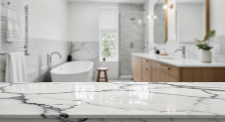 Marble countertop in a blurred bathroom with a bathtub vanity and stool in the background view scene
