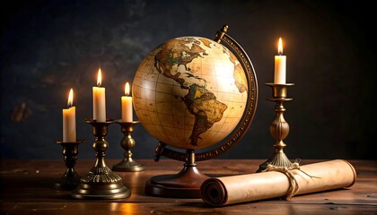 Globe and Candles on Vintage Table