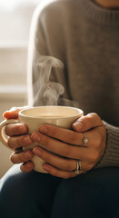 Woman holding a steaming mug wearing rings with a gray sweater and blue pants in soft light