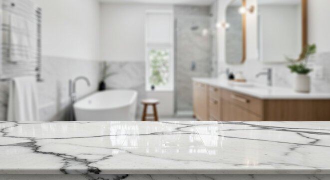 Marble countertop in a blurred bathroom with a bathtub vanity and stool in the background view scene