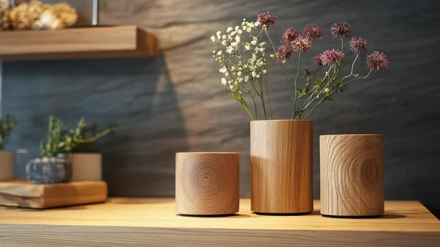 Three wooden vases holding purple flowers on a countertop