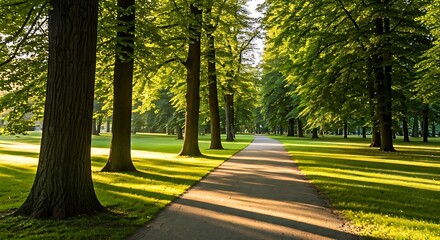 Obraz premium Serene Pathway Through a Lush Green Park Bathed in Golden Sunlight Invites Peaceful Strolls and Tranquil Moments.