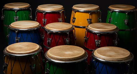 A vibrant collection of conga drums in various colors arranged on a dark background for a musical display