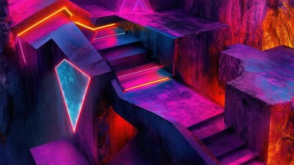 An abstract, surreal  of a pink and blue rock cavern with stairs leading down into it. Illuminated by neon lights that create geometric shapes on the walls. - Powered by Adobe