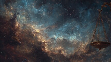 Scales of justice floating before a colorful and beautiful nebula in deep space