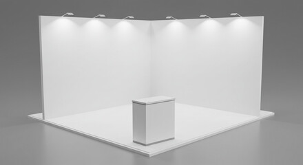A white exhibition stand with lights and a counter on a gray background in a studio setting