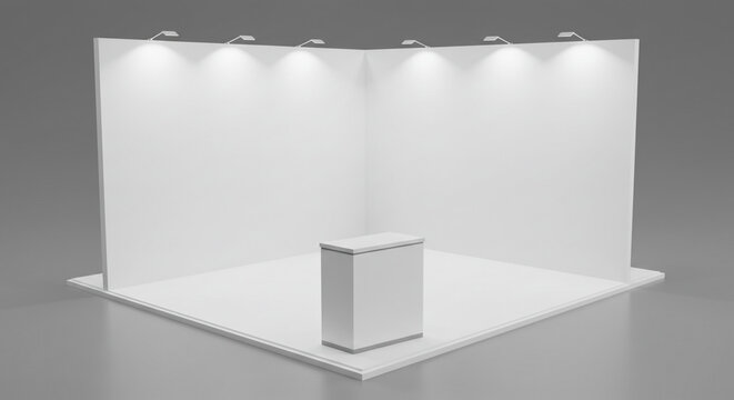 A white exhibition stand with lights and a counter on a gray background in a studio setting
