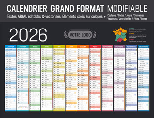 Calendrier Français 2026 modifiable, grand format horizontal  France, éléments isolés sur calques, textes en Arial, éditables et vectorisés